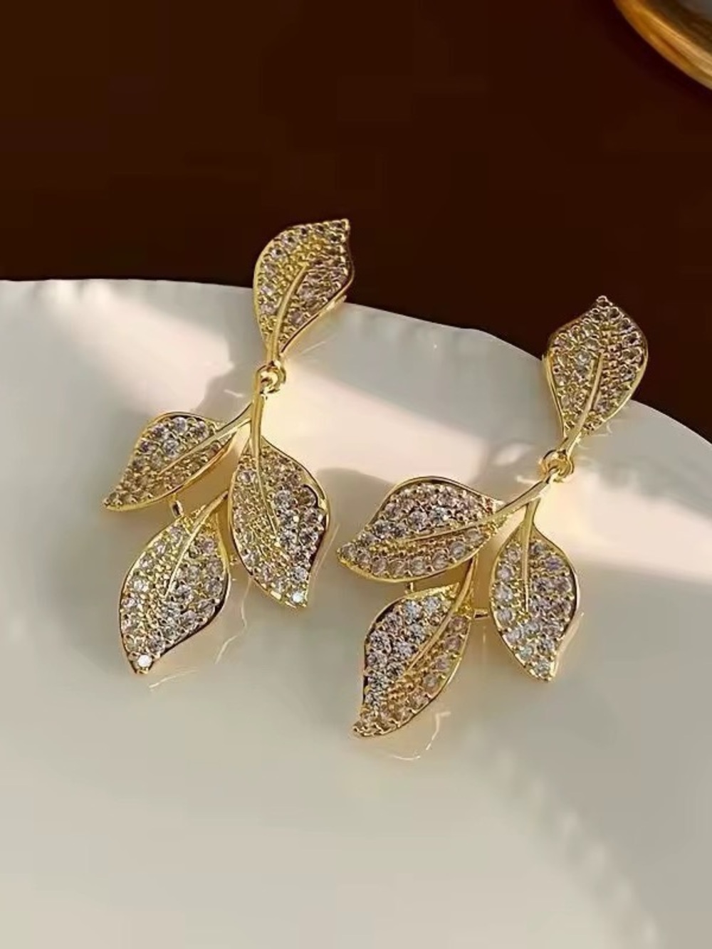 ***Dainty Gold Leaf Crystal Drop Earrings | Fashion Jewelry